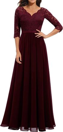 Generic Womens Vintage Floral Lace 4572 Sleeve Wedding Guest Bridesmaid Maxi Dress Solid Color Chiffon Princess Court Long Dress Formal Wedding Prom A-Line Pa