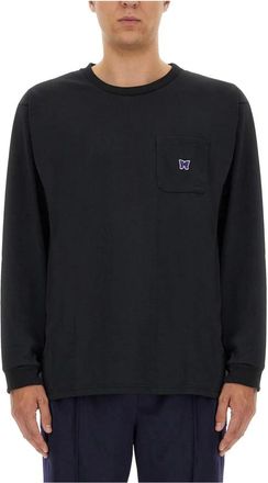 Needles T-shirt met lange mouwen en zak met vlinderborduursel - Heren - Longsleeves - Zwart - S - Tops