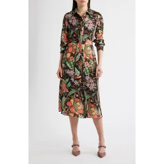 Julia Jordan Floral Long Sleeve Midi Shirtdress in Black Red at Nordstrom, Size 16