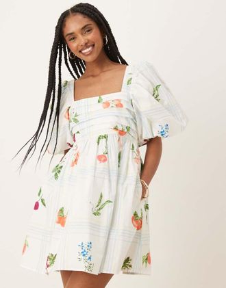 Nobody's Child Nova - Vestito corto a quadri con stampa di frutta e maniche a sbuffo-Multicolore