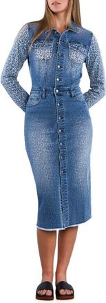 Wash Lab Denim Animal Print Long Sleeve Denim Midi Shirtdress in Mixed Denim Leopard at Nordstrom, Size X-Large
