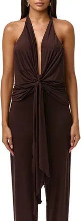 Naked Wardrobe Deep Plunge Neck Tie Front Halter Top in Dark Chocolate at Nordstrom, Size X-Small