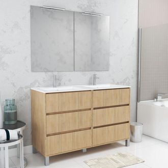 Aurlane Mueble De Ba&ntilde;o 120cm Roble Claro 6 Cajones, Lavabo, 2 Espejos 60x80 Con Apliques Led