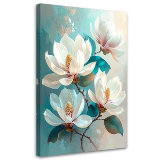 Feeby Cuadro Sobre Lienzo Magnolias Blancas Con Hojas Turquesas En Una Composici&oacute;n Luminosa 80x120