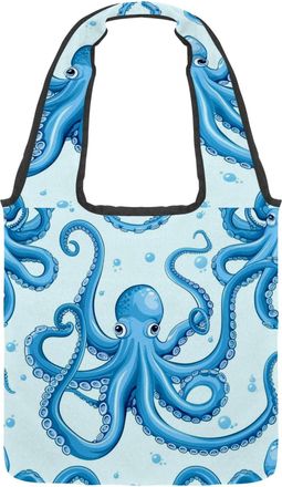 Generic Fun Blue Octopus Print Reversible Canvas Shoulder Tote - Double-Sided Print, 12oz Cotton, 27cm Drop, Fold-Flat Bag for Travel, Shopping, Street Outing