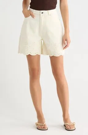 Vigoss Scalloped Eyelet Hem High Waist Denim Shorts in Ecru at Nordstrom Rack, Size 25