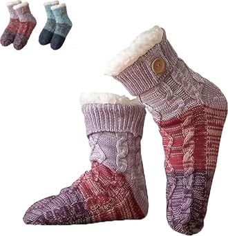 Generic Knitted Ultra-Thick Slipper Home Socks, Tri-color Knit Patchwork Non-Slip Warm Winter Socks, Ultra-Thick Lounge, Non Slip for Women (Purple)