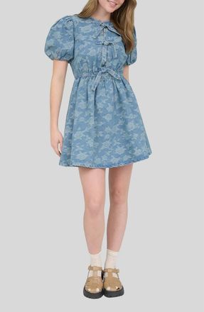 Blu Pepper Bow Detail Floral Jacquard Denim Minidress at Nordstrom, Size Medium