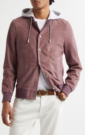 Eleventy Suede Bomber Jacket with Knit Removable Hood in 47-13 Berry Lt Grey Melange at Nordstrom, Size 38 Us