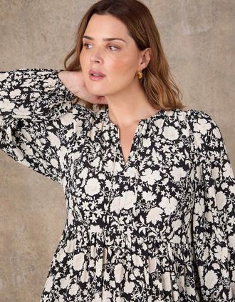 Live Unlimited London Womens Petite Black Floral Print Tie Neck Midaxi Dress - Size: 22