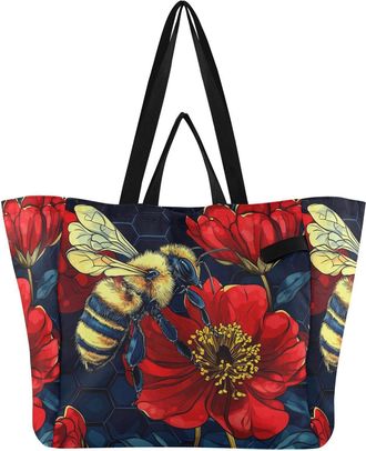 Generic Bee Red Flower pattern Reusable Canvas Tote Bag, Heavy Duty Grocery Shopping Bag with Hard Bottom Large Capacity Double Handles Work Groceries Travel