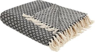 Beliani Manta De Algod&oacute;n Motivo Geom&eacute;trico Accesorio Tejido A Mano 220 X 240 Cm Flecos Blanco Y Negro Chyama