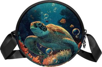 Generic Circle Crossbody Bag for Women, Coral Sea Turtle Small Sling Bag Daypack with Zipper Adjustable Shoulder Straps Casual Ladies Girls Round Purse