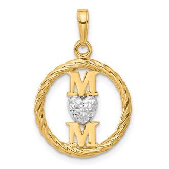 Diamond2Deal 14k Yellow Gold White Rhodium Diamond-Cut Heart Mom Pendant