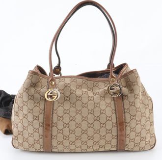 Gucci Brown Leather Canvas Handbag Shoulder Bag Tote Bag (Pre-Owned)