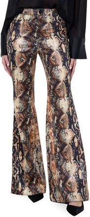 Alice & Olivia Cristena Snake Print Faux Leather Flare Pants in Camel/Black Snake at Nordstrom, Size 2
