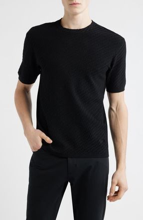 Emporio Armani Short Sleeve Basket Stitch Sweater in Solid Black at Nordstrom, Size Medium