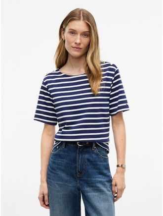 Tommy Hilfiger Womens Gold-Button Striped Interlock T-Shirt - Preppy Navy Combo - XXL
