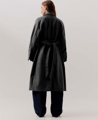 Bershka cappotto lungo morbido con cintura grigio e nero