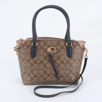 Coach Beige Navy Leather Coated Canvas Handbag Shoulder Bag Tote Bag (Pre-Owned)