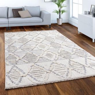 Paco Home Tappeto Salotto Moderno Pelo Corto Motivo Scandinavo Rombi Design 3D Con Frange Crema Grigio 240x340 cm - Paco Home