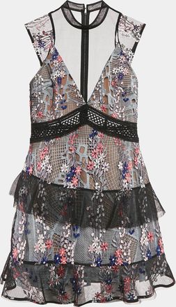 Self Portrait Black Floral Embroidered Tulle Tiered Mini Dress