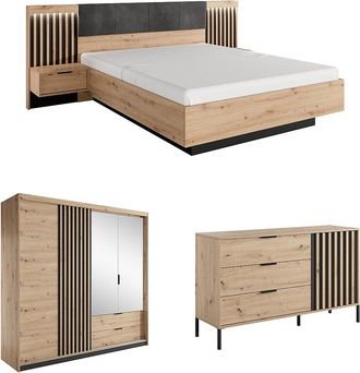 Vente-Unique Conjunto de cama con mesitas de noche 160 x 200 cm + C&oacute;moda + Armario - Color: Natural y negro - ARIADA