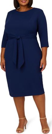 Adrianna Papell Tie Waist Crepe Dress in Navy Sateen at Nordstrom, Size 14W