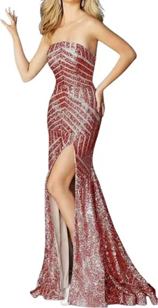 Jovani Chevron Sequin Strapless High Slit Prom Gown In Red
