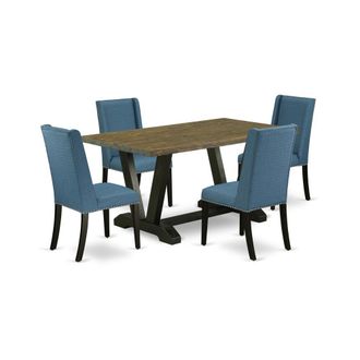 East West Furniture 5-Piece Amazing Dining Set a Great Distressed Jacobean Dining Table Top and 4 Gorgeous Linen Fabric Dining Chairs