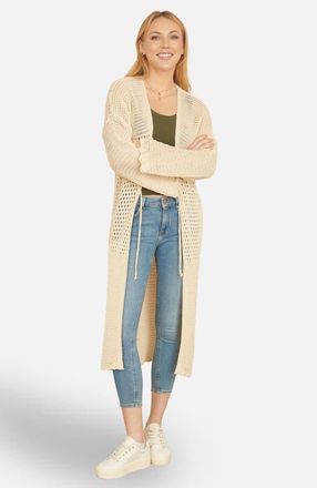 Yumi Crochet Long Line Cardigan in Beige at Nordstrom, Size Medium