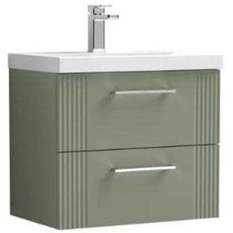 Nuie Nuie Deco Satin Green 600mm Wall Hung 2 Drawer Vanity Unit and Minimalist Ceramic Basin - DPF893B