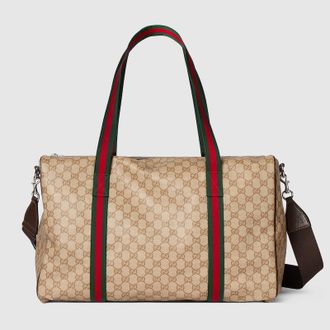 Gucci Medium Duffle Bag With Web, Beige, GG Canvas