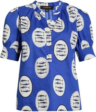 Sugarlips Sardine Sea Rosio Puff Sleeve Top in Navy-Cream-Black at Nordstrom, Size X-Large