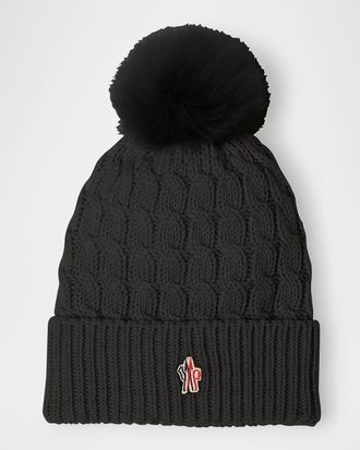 Moncler Cable-Knit Beanie with Fur Pom