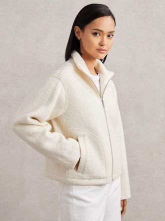Reiss Cream Wool Felted Funnel-neck Jacket, XS