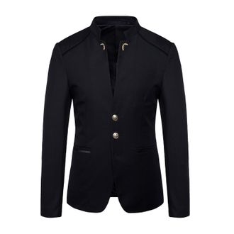 Generic Mens Fashion Casual Blazers Slim Fit V Neck Collarless Sport Coats Single Breasted Business Work Suit Jackets Black