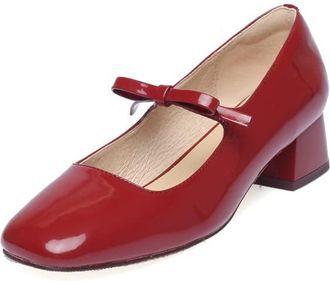 TinaCus Glossy Patent Leather Womens Square Toe Handmade Buwtie Low Chunky Heels Cute Pumps Shoes, Red, 4.5 UK
