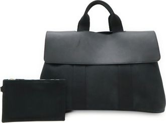 Herm&egrave;s Black Toile Chevron Leather Handbag Tote Bag (Pre-Owned)