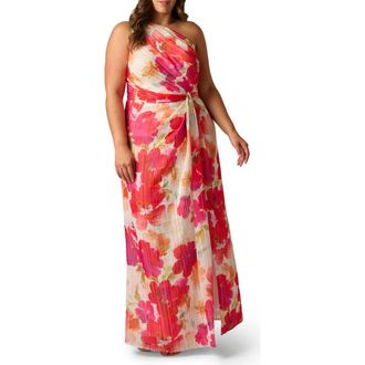 Adrianna Papell One-Shoulder Satin & Chiffon Evening Gown in Ivory/Pink Multi at Nordstrom, Size 22W