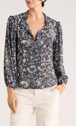 Adrianna Papell Ruffle Split Neck Long Sleeve Button-Up Shirt in Midnight Garden at Nordstrom Rack, Size X-Small