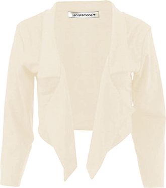Janisramone Womens Ladies New Plain 3/4 Sleeve Open Front Waterfall Style Cropped Blazer Coat Short Top Cream