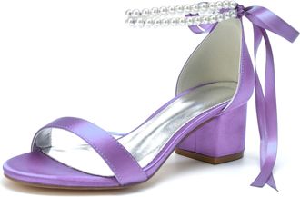 Generic Wedding Heels Bridal Wedding Shoes Satin Prom Party Dress Heels Bridal Shoes Open Toe Block Heel Wedding Low Sandals 5.5Cm,Light Purple,10 UK
