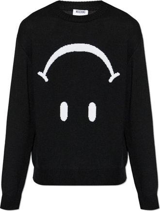 Moschino X Smiley Crewneck Sweater - Heren - Ronde hals truien - Zwart - M - Wol - Truien & Vesten