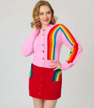 Unique Vintage 1950s Cropped Cardigan in Pink W/Rainbow Print at Nordstrom, Size X-Small/small