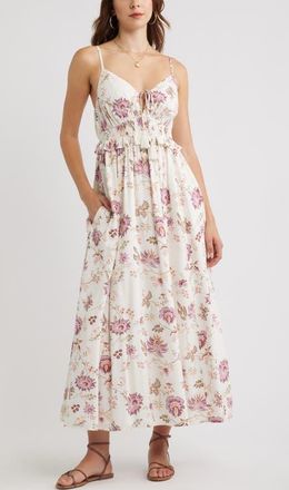Treasure & Bond Floral Peplum Maxi Dress in Ivory- Pink Cottage Floral at Nordstrom, Size Xx-Small