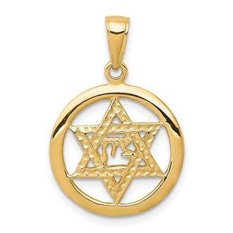 Diamond2Deal 14k Yellow Gold Jewish Chai In Star Of David Round Pendant