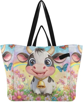 Generic Pink Flowers Butterflies Cow pattern Reusable Canvas Tote Bag, Heavy Duty Grocery Shopping Bag with Double Handles Hard Bottom Large Capacity Work Gro