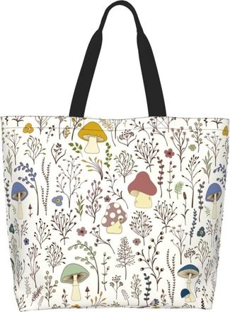 Generic Wild Plants Cute Mushroom Handbag Durable Women Handbag Lightweight Grocery Bags For Camping Travel Picnic