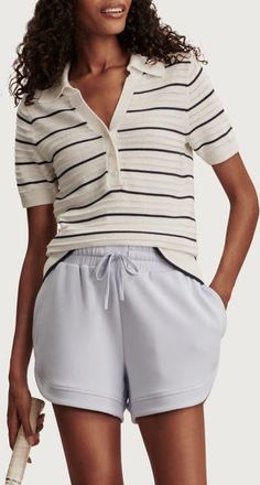 Varley Wren Stripe Cotton Blend Pointelle Polo Sweater in White /Blue Nights at Nordstrom, Size Xx-Small